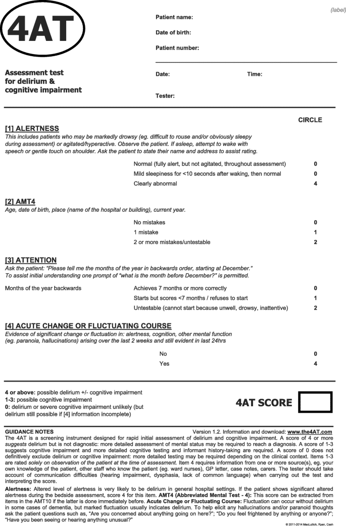 4AT Delirium Screening Tool