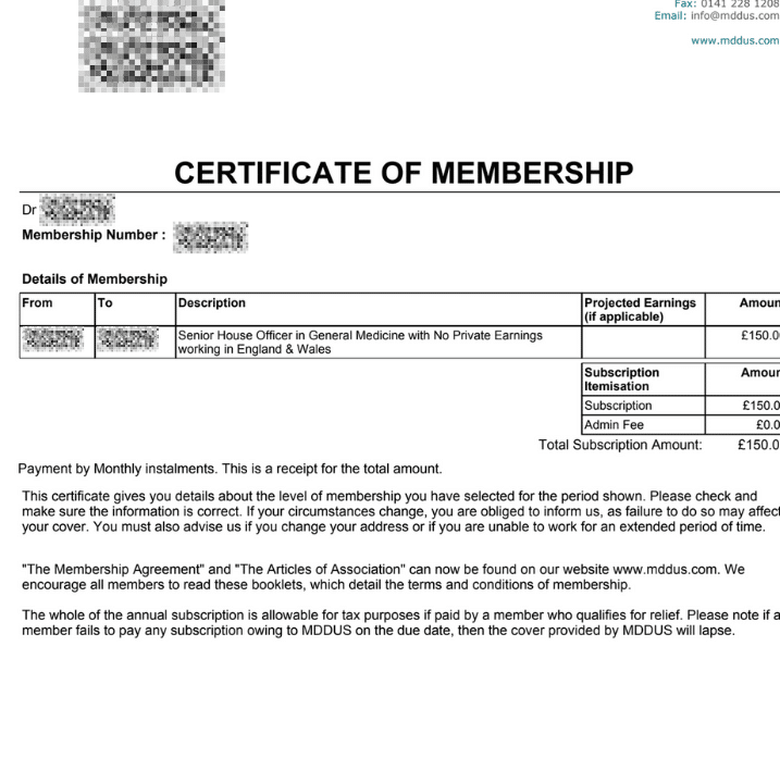 MDDUS Indemnity Insurance Certificate for NHS Doctors(1)