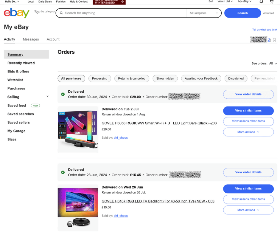 My eBay Biddings for Govee Lights