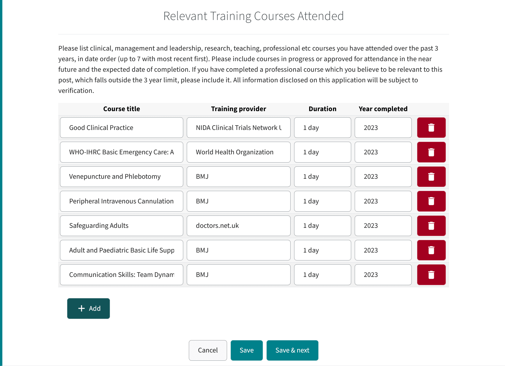 Relevant Training Courses Attended