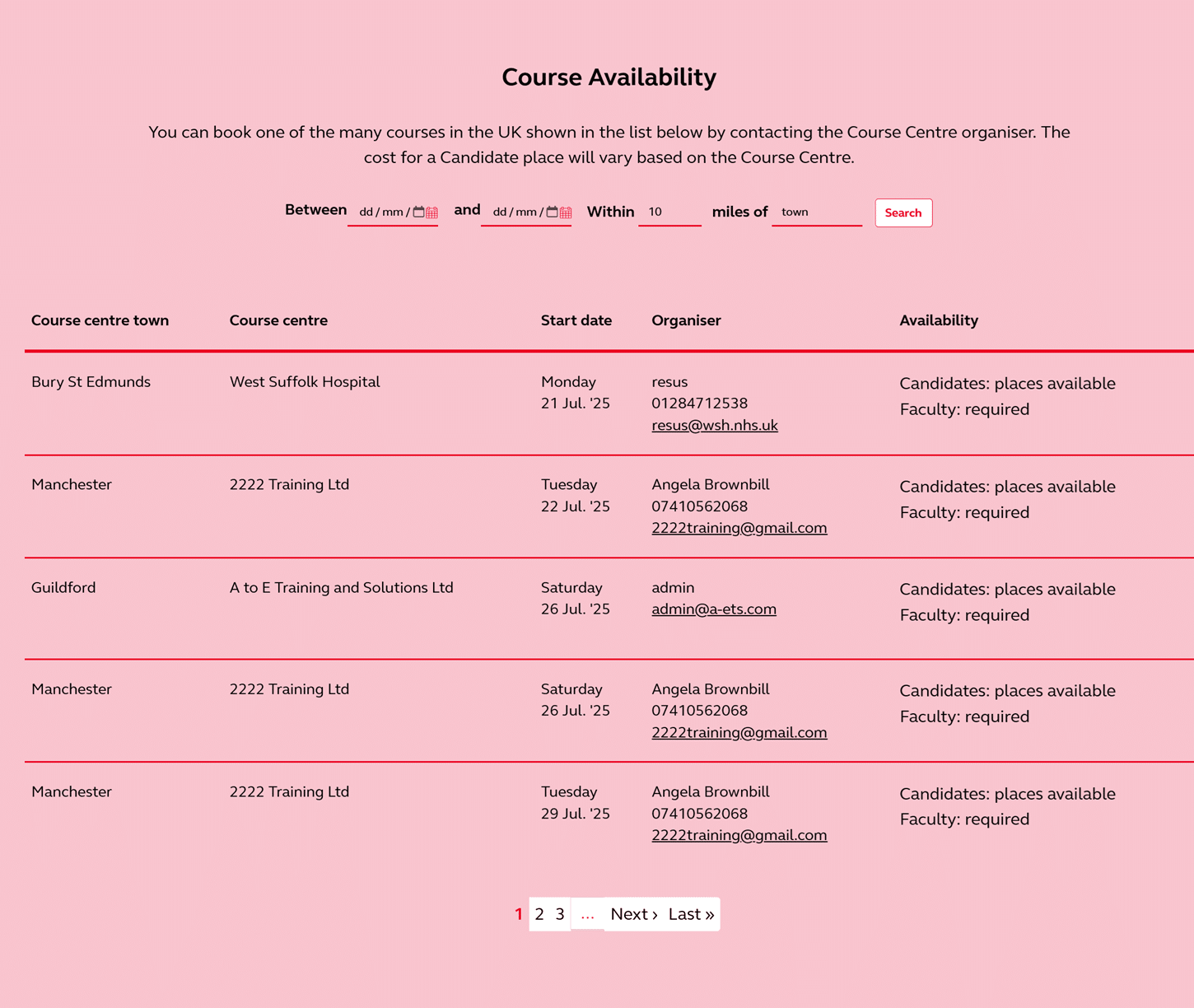 ALS course availability in UK for July 2025 including dates, locations, organisers and contact details