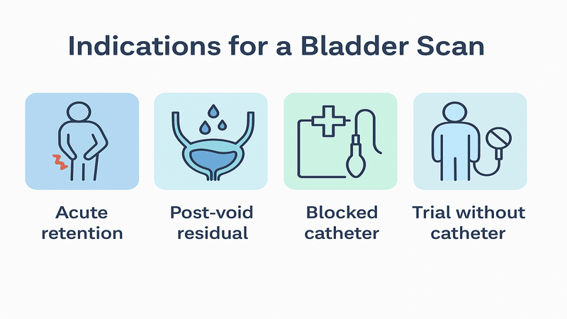 Infographic showing four common indications for bladder scan: acute retention, post-void residual, blocked catheter, and trial without catheter