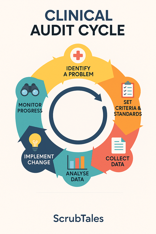 Infographic showing six steps of the clinical audit cycle in NHS with icons and circular flow