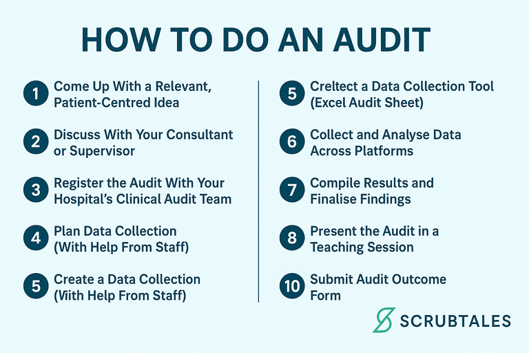 Infographic showing 10 steps of how to do a clinical audit, including idea generation, registration, data collection, analysis, and presentation.